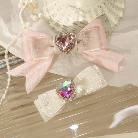 Pinza para el Cabello con Lazo de Strass Y2K Dulce para Mujeres Niñas Satén Malla Corazón Cristal Perla Artificial Horquilla Diario Fiesta Accesorios para el Cabello