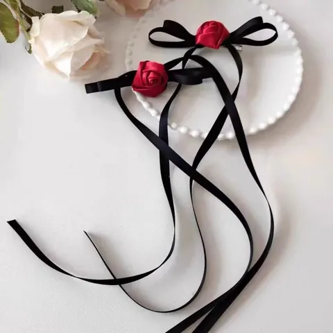 Vintage Rose Satin Ribbon Bow Hair Clips For Women Elegant French Style Long Streamer Floral Hairpin Hair Accessories