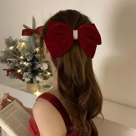 Fermaglio per Capelli con Fiocco in Velluto Vintage per Donna Elegante Grande Fiocco Rosso Nero con Künstliche Perle Sintetiche