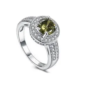 Luxury Alloy Round Olive Green Gemstone Halo Ring For Women Silver Color Zirconia Inlaid Wedding Party Fashion Jewelry Finger Ring