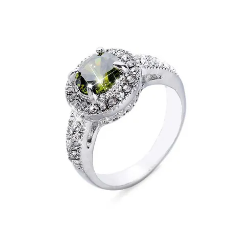 Luxury Alloy Round Olive Green Gemstone Halo Ring For Women Silver Color Zirconia Inlaid Wedding Party Fashion Jewelry Finger Ring