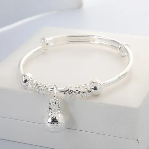 Silver Plated Alloy Adjustable Bangle Bracelet For Baby Kids Toddler With Bell Pendant Hollow Beads Traditional Jewelry Gift