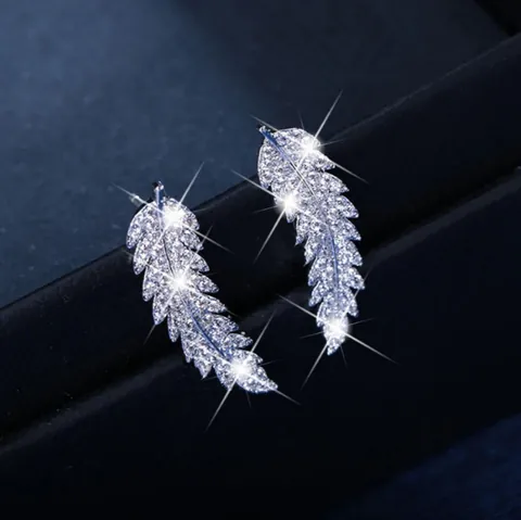 Fashion Alloy Leaf Shape Rhinestone Stud Earrings Shiny Crystal Feather Ear Crawlers For Women Wedding Party Jewelry
