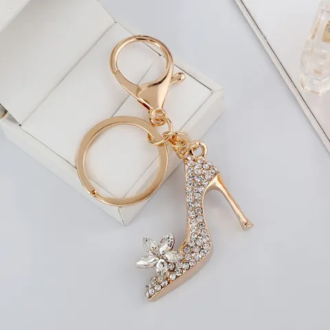 Llavero de Zapato de Tacón Alto con Diamantes de Imitación Brillantes Elegante Colgante de Bolsa Floral para Mujer Regalo Oro