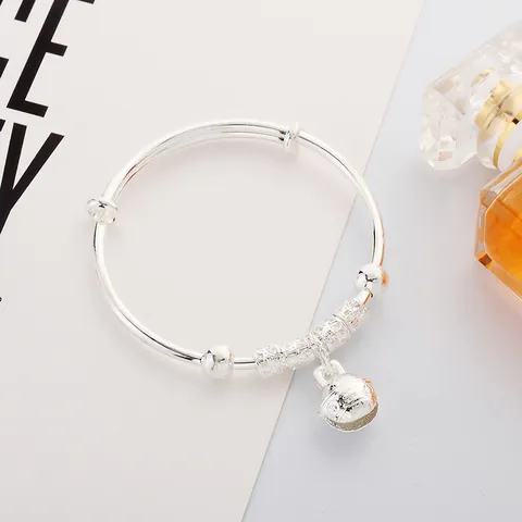 Silver Plated Alloy Adjustable Bangle Bracelet For Baby Kids Toddler With Bell Pendant Hollow Beads Traditional Jewelry Gift