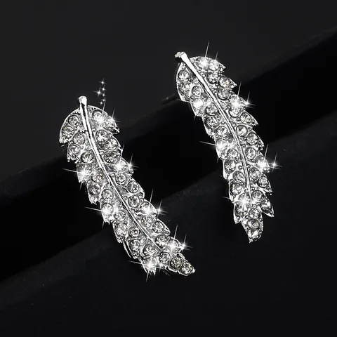 Fashion Alloy Leaf Shape Rhinestone Stud Earrings Shiny Crystal Feather Ear Crawlers For Women Wedding Party Jewelry