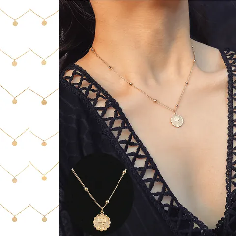 Collier Pendentif Zodiaque Plaqué Or Argent Cuivre Alliage Chaîne Satellite Constellation Pièce Ras du Cou Bijoux Cadeau Femmes