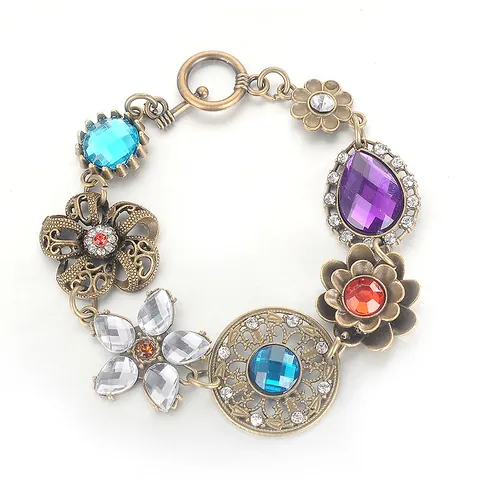 Bracelet en Alliage de Bronze Antique Bohème Vintage Avec Pierres Gemmes Multicolores Design Fleur Cœur Bijoux Rétro Femme