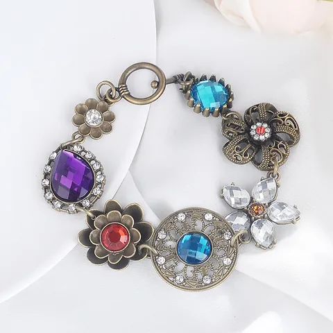 Bracelet en Alliage de Bronze Antique Bohème Vintage Avec Pierres Gemmes Multicolores Design Fleur Cœur Bijoux Rétro Femme