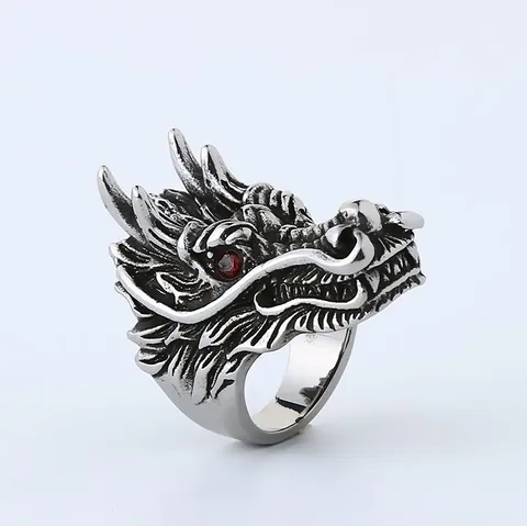 Vintage Antique Silver Alloy Dragon Head Ring For Men Punk Gothic Style Intricate Carved Animal Finger Ring Jewelry With Red Stone Eyes