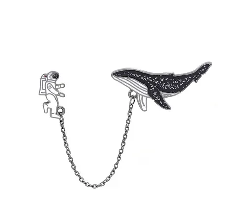 Creatieve Legering Astronaut En Dolfijn Emaille Pin Met Ketting Verbonden Brosche Universum Sterrenhemel Badge Voor Unisex Mode Sieraden