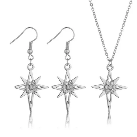 Luxury Alloy Rhinestone Starburst Necklace And Earrings Starry Pendant Jewelry For Women Wedding Formal Banquet Accessories