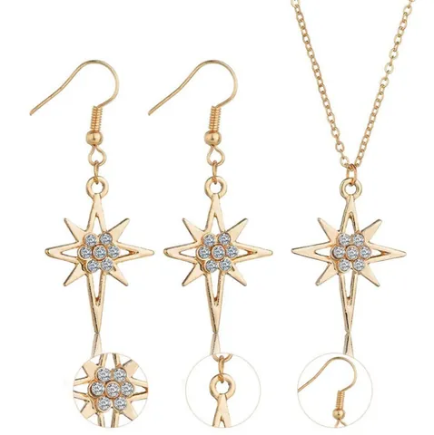 Luxury Alloy Rhinestone Starburst Necklace And Earrings Starry Pendant Jewelry For Women Wedding Formal Banquet Accessories