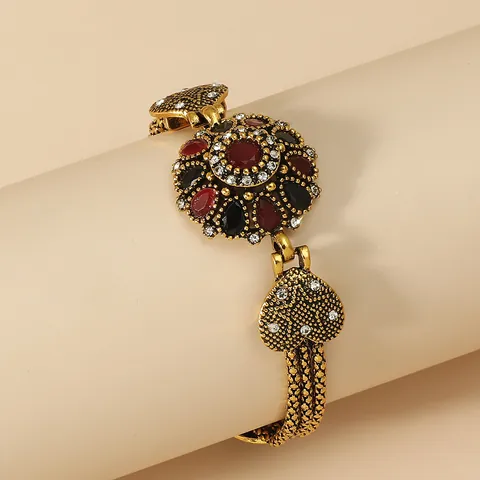 Vintage Legierung Blume Armband Mit Roten Schwarzen Edelsteinen Böhmisches Herzmuster Geflochtenes Mehrreihiges Damen Armband