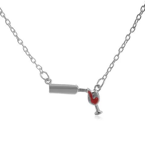Collier Pendentif Créatif en Alliage Bouteille de Vin et Verre en Émail Rouge pour Femme Bijoux de Fête Mode Cadeau