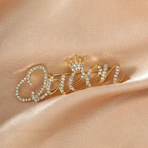 Luxury Gold Queen Crown Rhinestone Brooch Alloy Inlaid Clear Crystal Pins Jewelry For Wedding Banquet Party Women Accessories