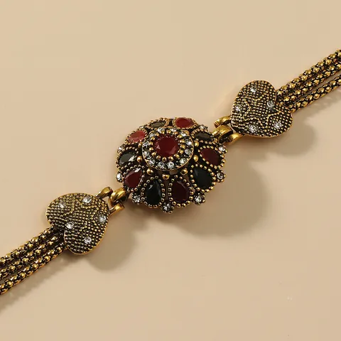 Vintage Legierung Blume Armband Mit Roten Schwarzen Edelsteinen Böhmisches Herzmuster Geflochtenes Mehrreihiges Damen Armband