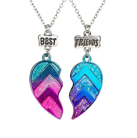 Best Friends Heart Splicing Pendant Necklace Silver Plated Alloy Gradient Enamel Glitter Jewelry Gift For Women Teen Girls