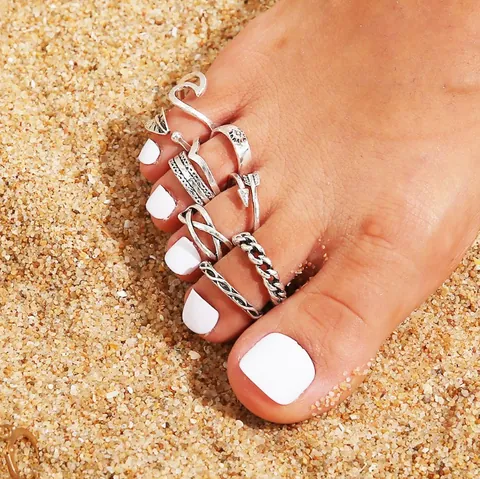 Bohemian Vintage Silver Color Toe Ring Set For Women Leaf Sun Wave Open Adjustable Foot Rings Summer Beach Jewelry Gift