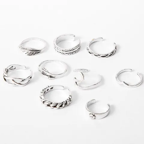 Bohemian Vintage Silver Color Toe Ring Set For Women Leaf Sun Wave Open Adjustable Foot Rings Summer Beach Jewelry Gift