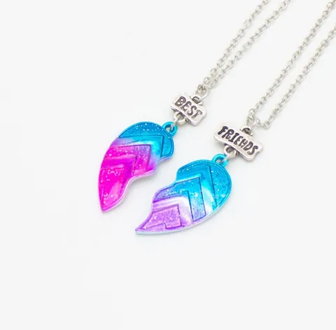 Best Friends Heart Splicing Pendant Necklace Silver Plated Alloy Gradient Enamel Glitter Jewelry Gift For Women Teen Girls
