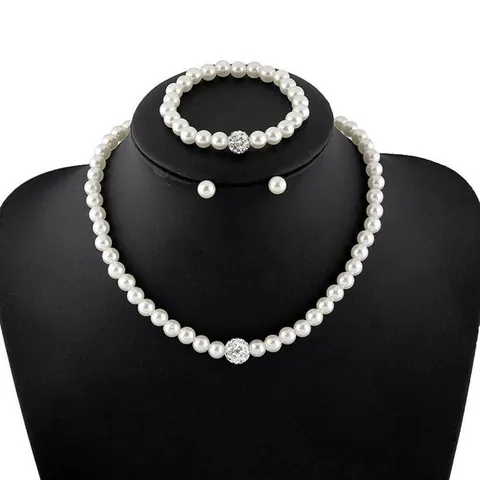 Elegant Imitation Artificial Pearl Necklace Bracelet And Earrings Jewelry Set With Alloy Rhinestone Balls For Women Bride Wedding