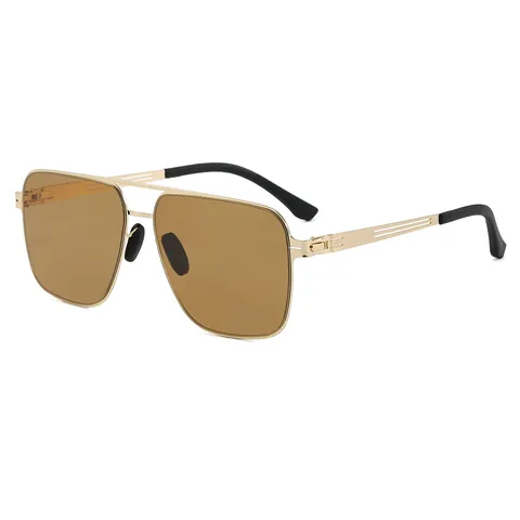 Lunettes de Soleil Pilote Carrées à Double Pont Rétro pour Hommes Monture en Acier Inoxydable Protection UV400 Mode