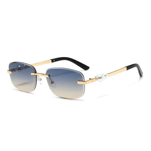 Elegante Randloze Vierkante Zonnebril Voor Vrouwen Metalen Parel Decor Poten UV400 Bescherming Vintage Mode Zonnebril Accessoire