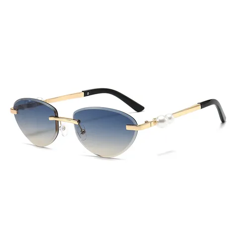 Vintage Randloze Cat Eye Zonnebril Voor Dames Metalen Frame Parel Inleg Poten UV400 Gradiënt Lens Mode Zonnebril