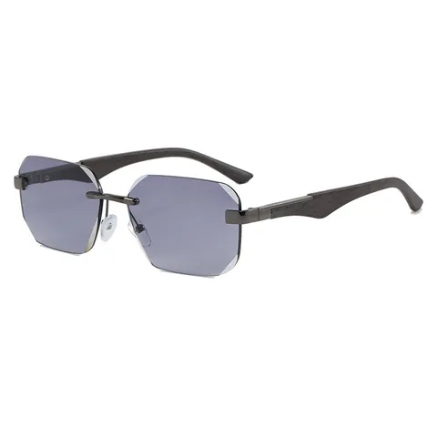 Rimless Octagonal Photochromic Sunglasses Metal Frame Wood Grain Temple UV400 Retro Business Fashion Eyewear For Men Women