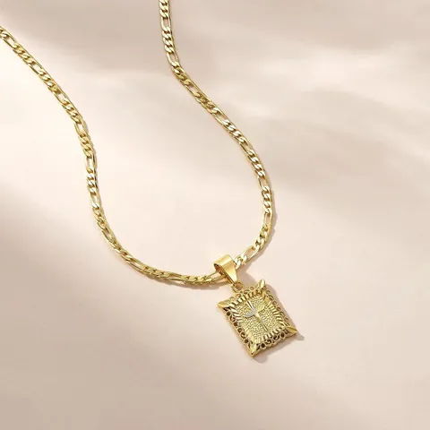 Mode Messing 14K Vergoldet Rechteck Kreuz Anhänger Halskette Figaro Kette Religiöser Schmuck Für Herren Damen Täglicher Accessoire