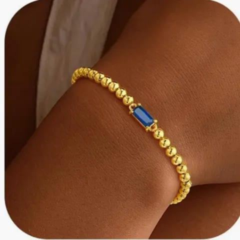 14k Gold Plated Copper Bead Bracelet With Rectangle Zirconia Birthstone Elegant Minimalist Jewelry For Women Birthday Gift
