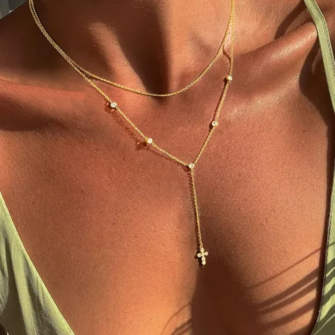 14K Gold Plated Copper Cross Necklace For Women Zirconia Artificial Pearl Layered Y-Shaped Pendant Necklace Minimalist Fashion Jewelry