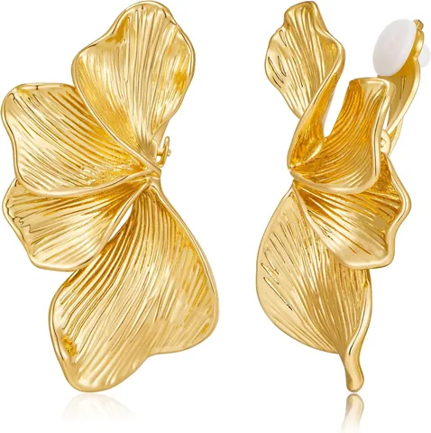 Boucles d'Oreilles à Clip en Pétales de Fleurs en Métal Exagérées Pour Femmes Cuivre Plaqué Or Argent 14K Design de Niche Bijoux Floraux