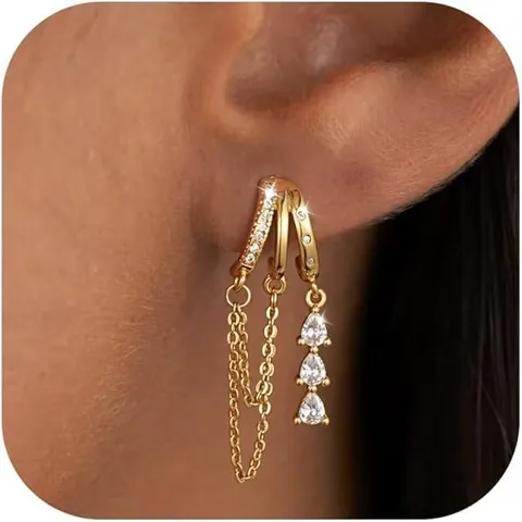 Boucles d'Oreilles Clous Chaîne en Laiton Plaqué Or Design Irrégulier Avec Tige en Acier Inoxydable Zirconium Femme