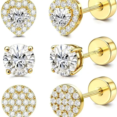 Luxus 14K Vergoldete Zirkonia Ohrstecker Set Mit 925 Sterlingsilber Ohrstecker-Stift Schraubverschluss Herz Stern Schmuck