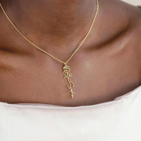 Custom Name Necklace With Birth Month Flower Gold Plated Brass Personalized Script Initial Pendant Jewelry Gift For Women
