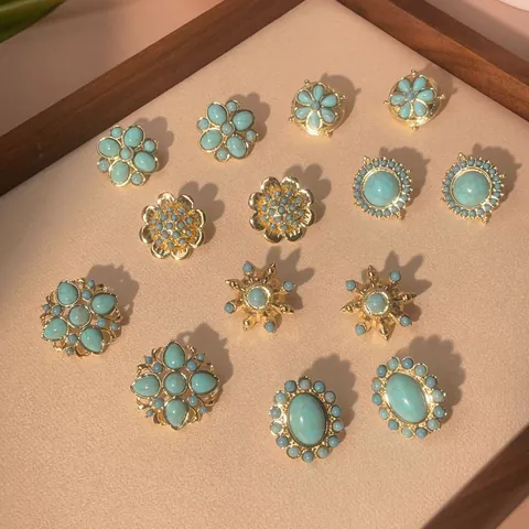 Vintage Palace Style Brass Gold Plated Synthetic Turquoise Stud Earrings Geometric Floral Starburst Bohemian Jewelry For Women