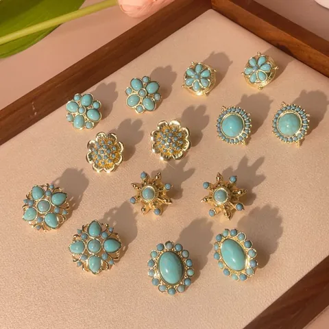 Vintage Palace Style Brass Gold Plated Synthetic Turquoise Stud Earrings Geometric Floral Starburst Bohemian Jewelry For Women