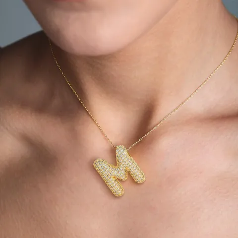Personalized Bubble Alphabet Initial Letter Necklace Gold Plated Brass Zirconia Pendant Necklaces For Women Men Jewelry Gift