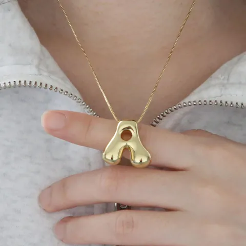 14K Gold Plated Brass 3D Bubble Letter Initial Pendant Necklace For Women Puffy Balloon Alphabet Statement Jewelry Personalized Gift