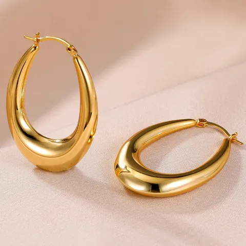 Boucles d'Oreilles Créoles Ovales en Laiton Plaqué Or 14k Vintage Avec Tige en Argent Sterling 925 Bijoux Femme