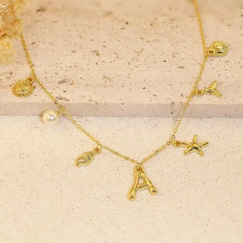 Bohemian Stainless Steel Artificial Pearl Ocean Shell Starfish Initial Pendant Necklace Summer Beach Jewelry For Women
