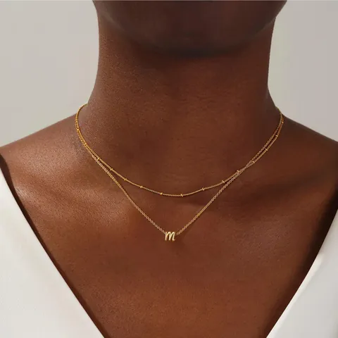 Gold Stainless Steel Double Layered Initial Letter Necklace For Women Minimalist Satellite Chain Heart Pendant Jewelry