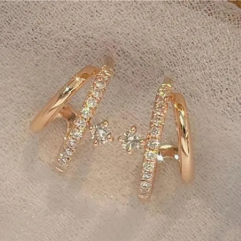 Boucles d'Oreilles Clous en Cuivre Plaqué Or 14k Zircone Avec Tige en Argent Sterling 925 Double Couche Bijoux Femme