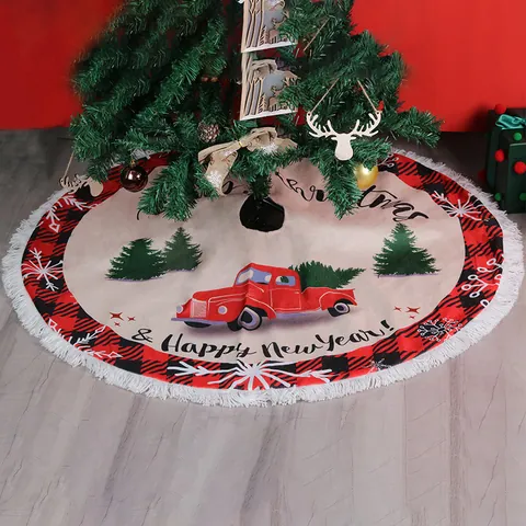 Gonna per Albero di Natale Rotonda Con Bordo a Quadri Buffalo Rosso Nero Frange Stampa Camion Rosso Vintage Decorazione Casa