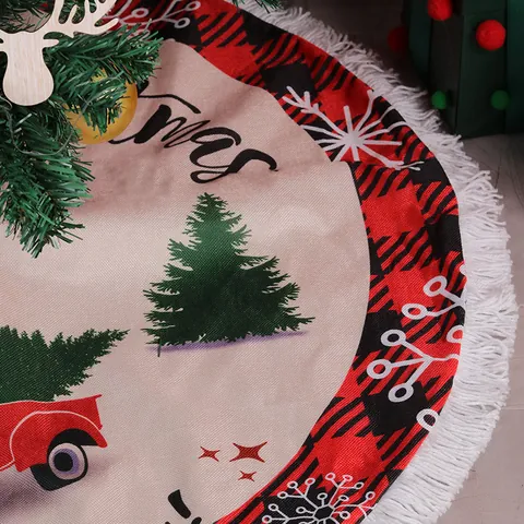 Gonna per Albero di Natale Rotonda Con Bordo a Quadri Buffalo Rosso Nero Frange Stampa Camion Rosso Vintage Decorazione Casa