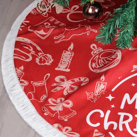 Rote Weihnachtsbaumdecke 114cm Rund Mit Weißen Quasten Merry Christmas Rentier Druck Für Weihnachtsdekoration Haus