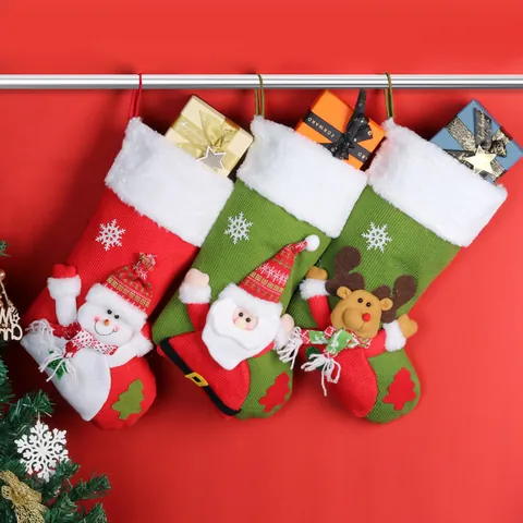 Calcetín de Navidad de Punto Grande Con Figuras de Peluche 3D Papá Noel Muñeco de Nieve Reno Para Decoración del Hogar Fiesta Bolsa de Regalo
