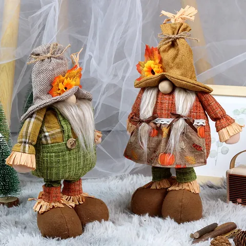 Thanksgiving Gnome Decoration Sunflower Maple Leaf Faceless Doll Retractable Long Legs Autumn Harvest Home Ornament Scarecrow Figurine